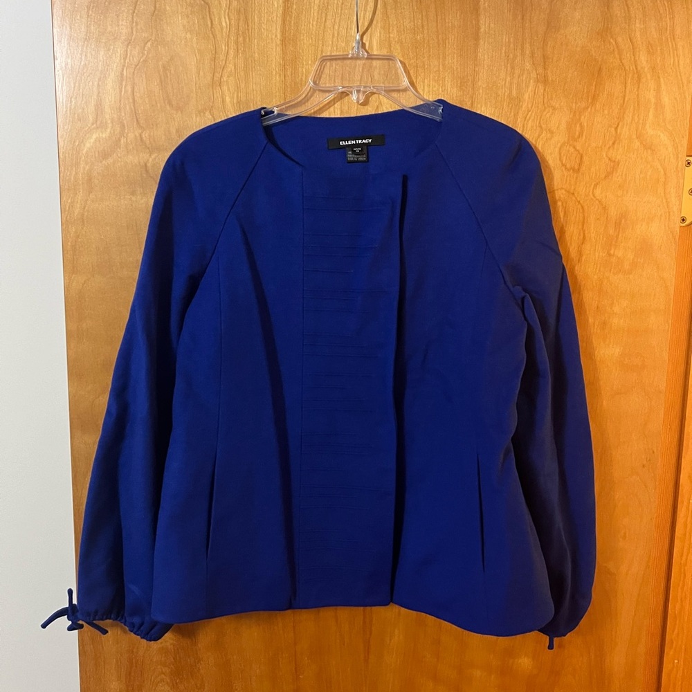 Ellen Tracy Wool Angora Blend Blazer Jacket Bow Sleeve Blue Petite Size 12 12P